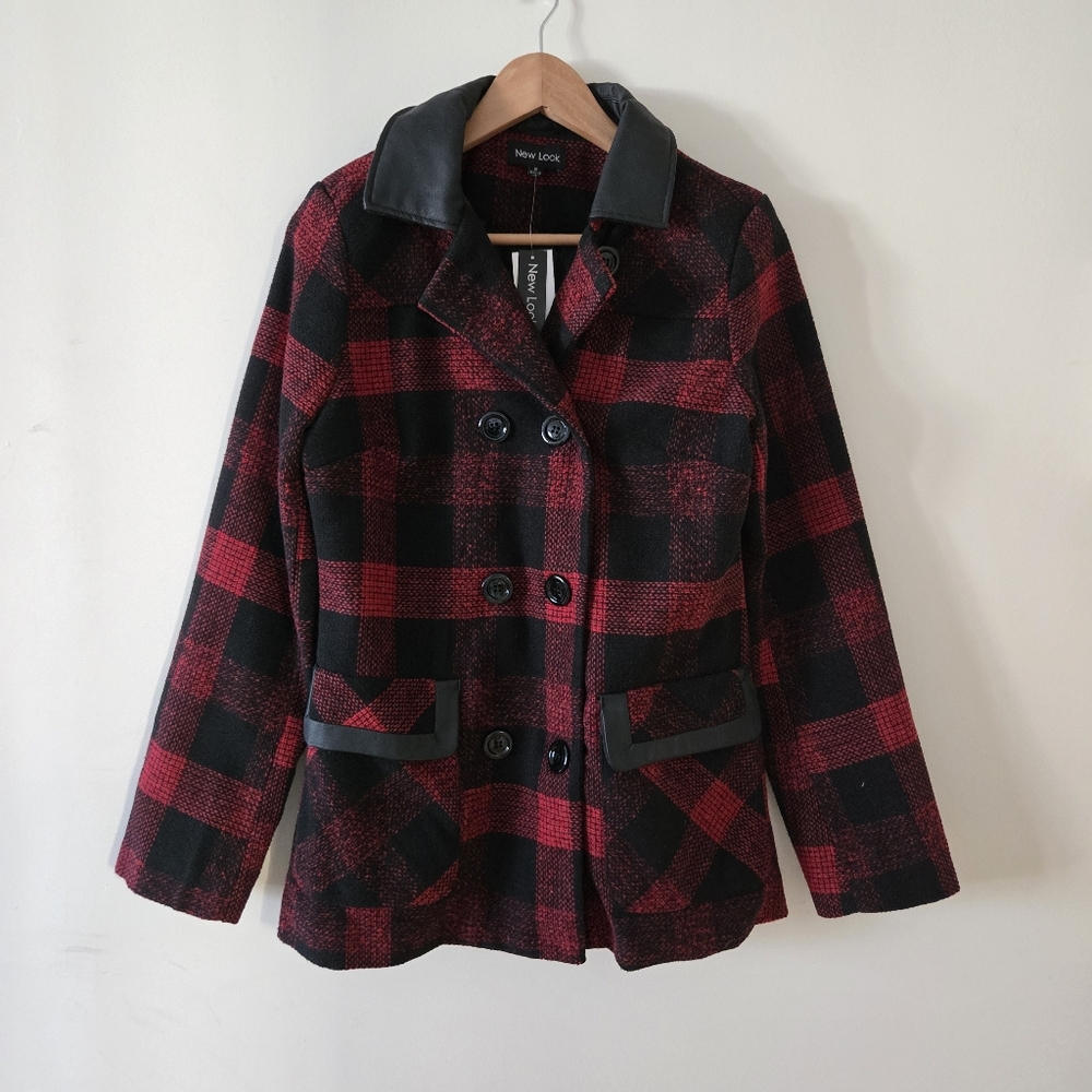 BNWT New Look Wool Blend Red and Black Checkered Pea Coat Small